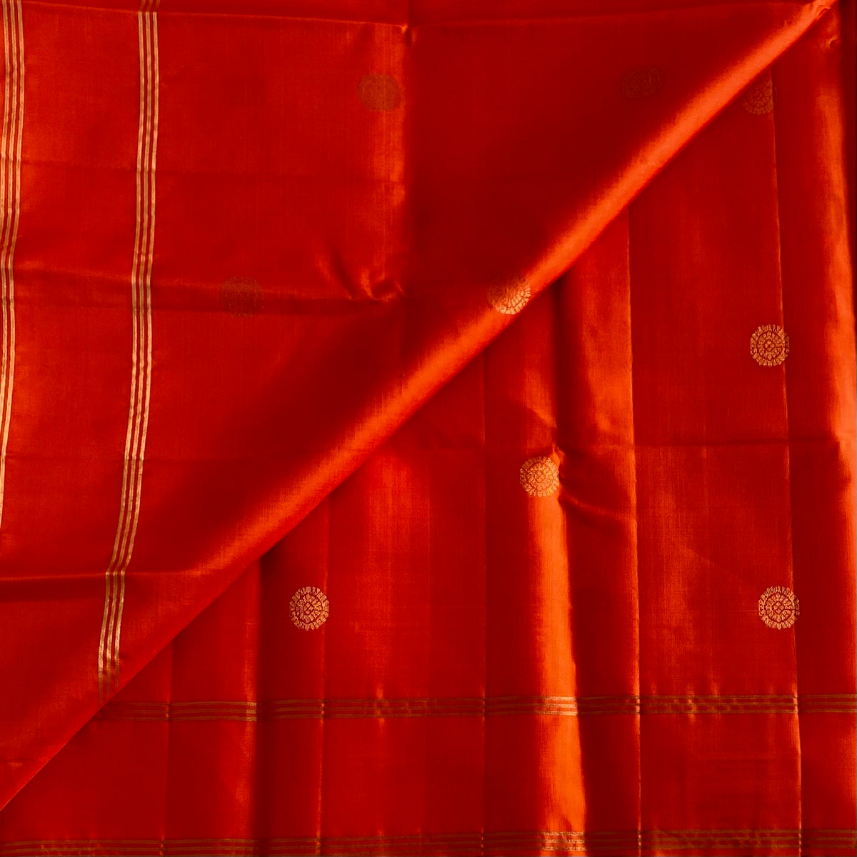 Vermilion Orange Designer Pure Silk Saree With Gold Brocade Pallu