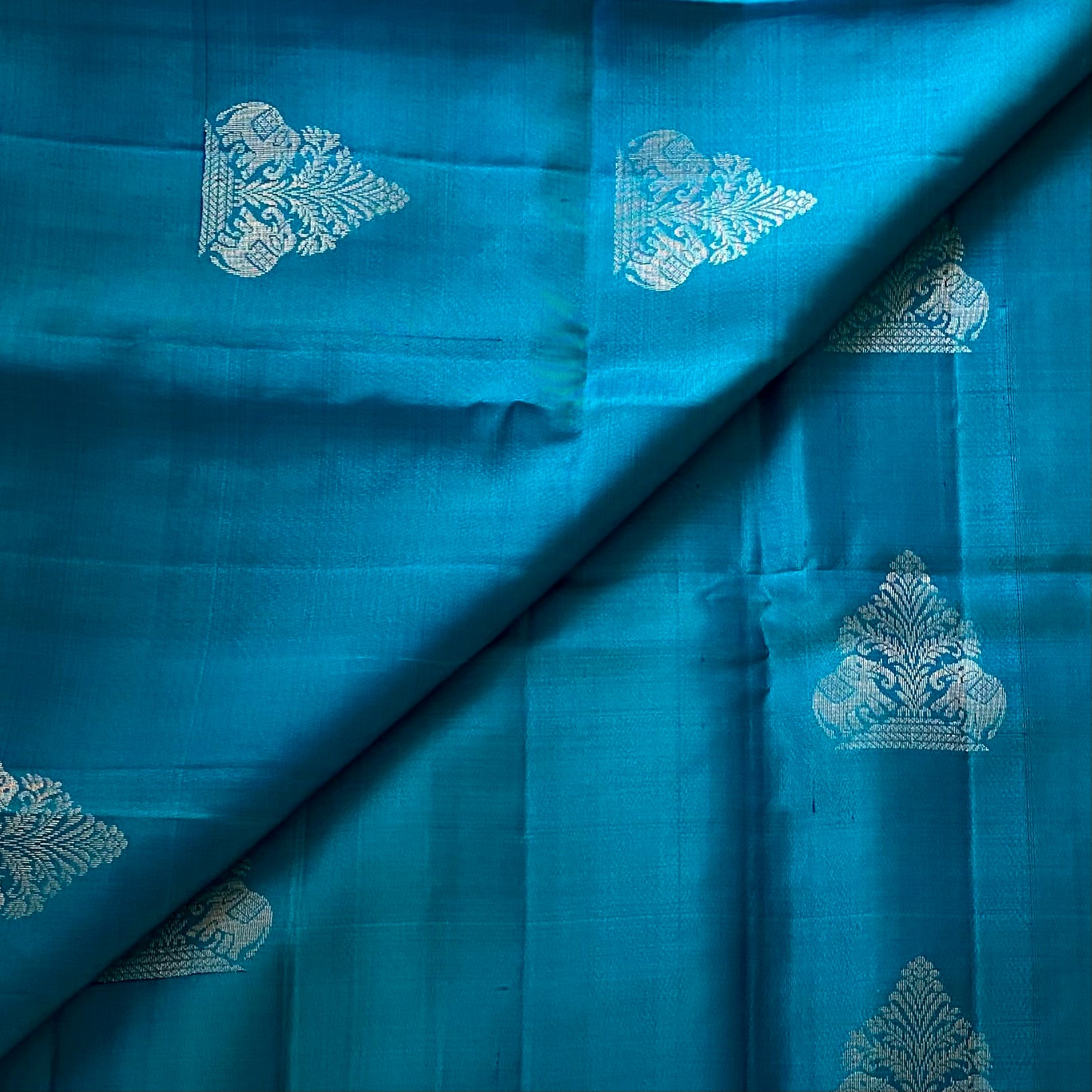 Peacock Teal Designer Pure Silk Saree Antique Gold Butta Zari