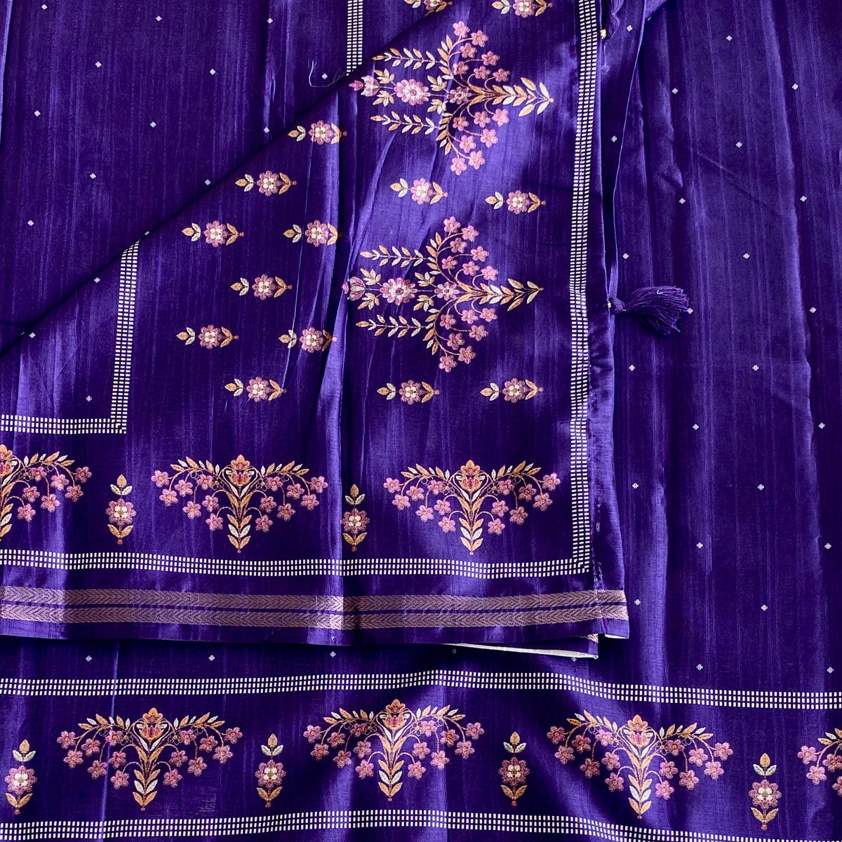 Royal Purple Softest Lightweight Tussar With Rose Pink Floral Zari Border