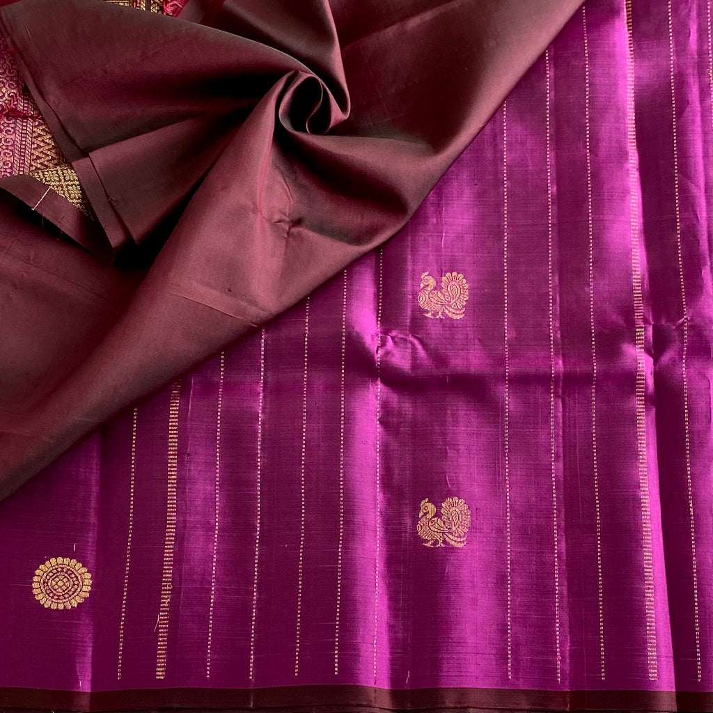 Deep Magenta Designer Pure Silk Saree With Wine Brown Pallu And Gold Zari