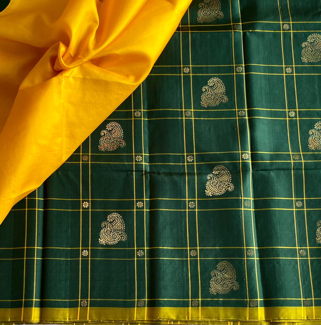 Golden Yellow Silk Saree with Forest Green Paisley Checked Border