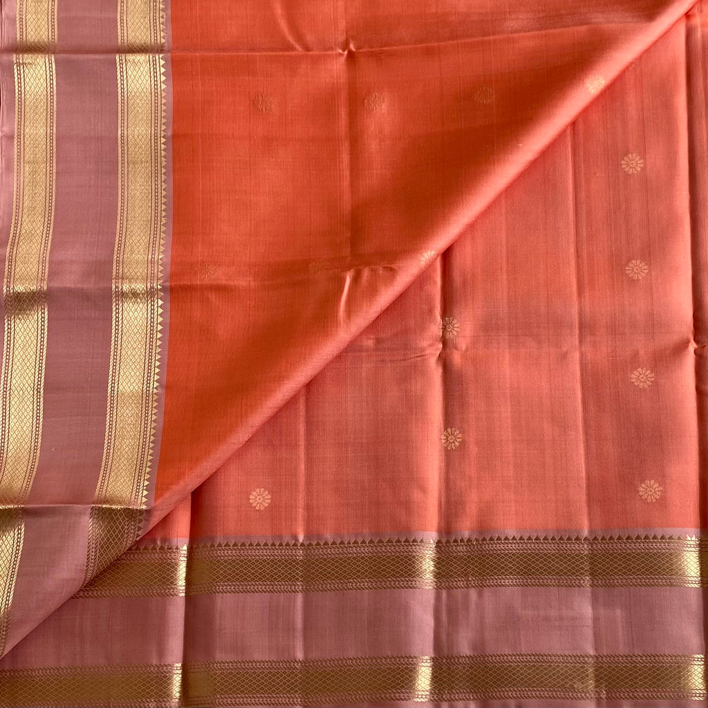 Coral Orange Designer Pure Silk Saree With Blush Pink Pallu