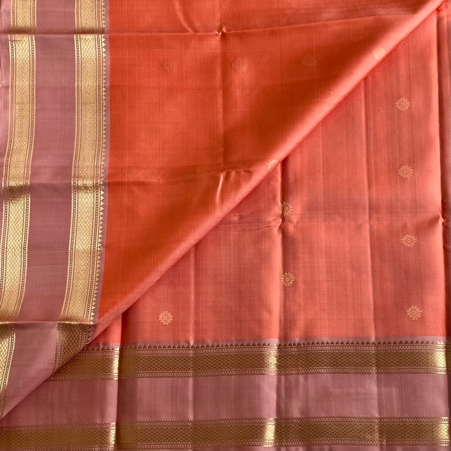 Coral Orange Designer Pure Silk Saree With Blush Pink Pallu