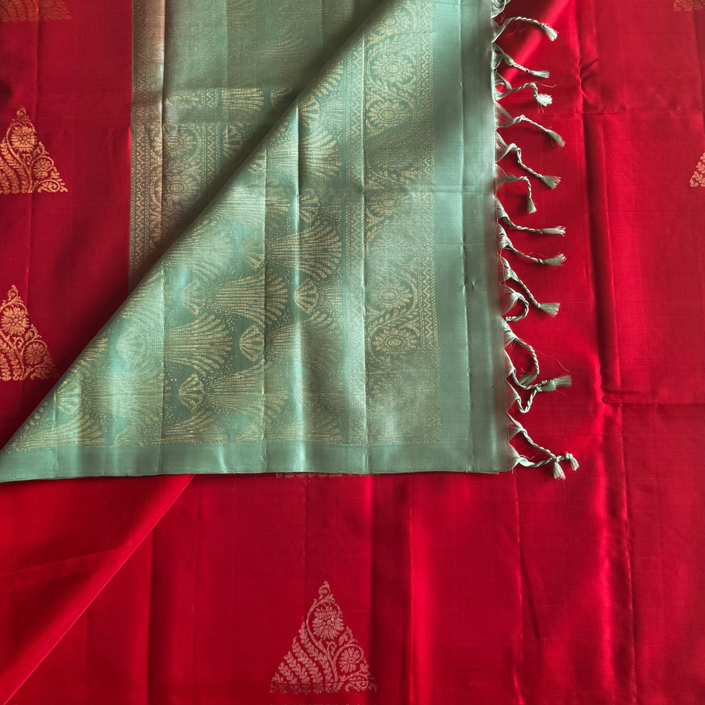 Seafoam Green Silk Saree Scarlet Zari Border Woven Paisley Triangle