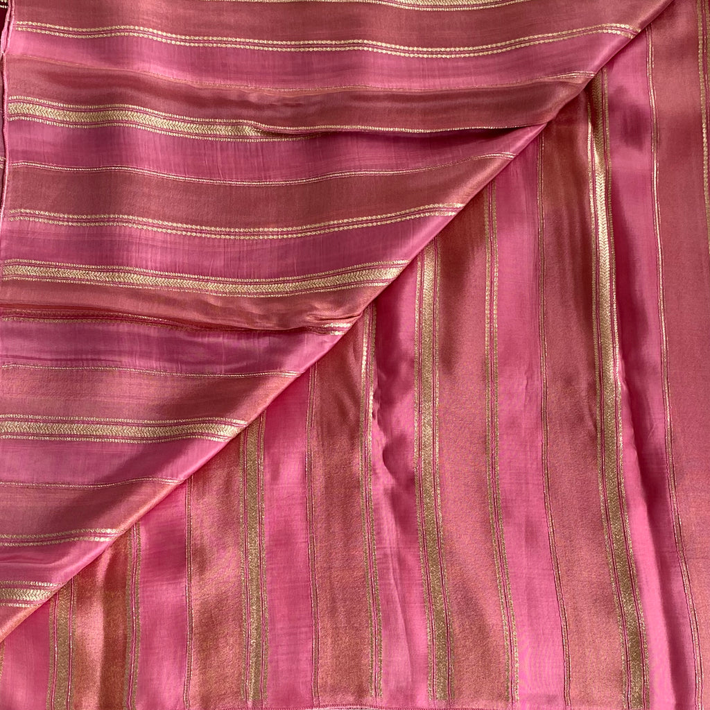 Magenta Silk Saree Gold Zari Vertical Stripes Floral Pallu Elegant