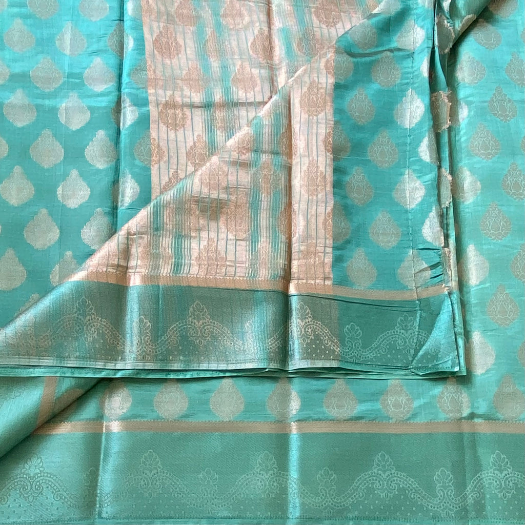 Mint Green Banarasi Silk Saree With Antique Gold Zari Border
