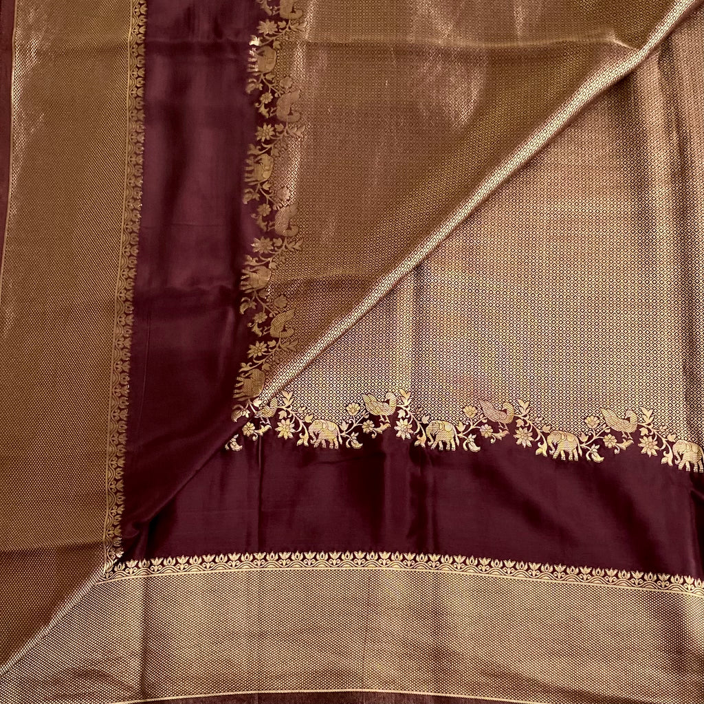 Deep Plum Brown Soft Crepe Silk Saree Antique Gold Jaal