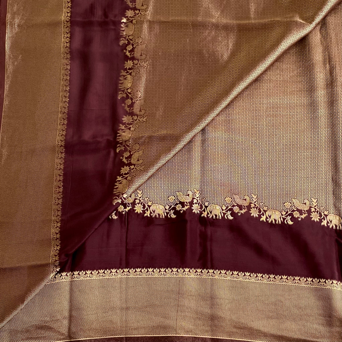 Deep Plum Brown Soft Crepe Silk Saree Antique Gold Jaal