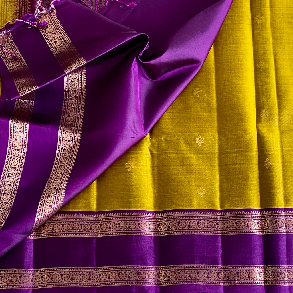 Lime Yellow With Purple And Rich Gold Kanchi Pure Silk Retta Petta Borders