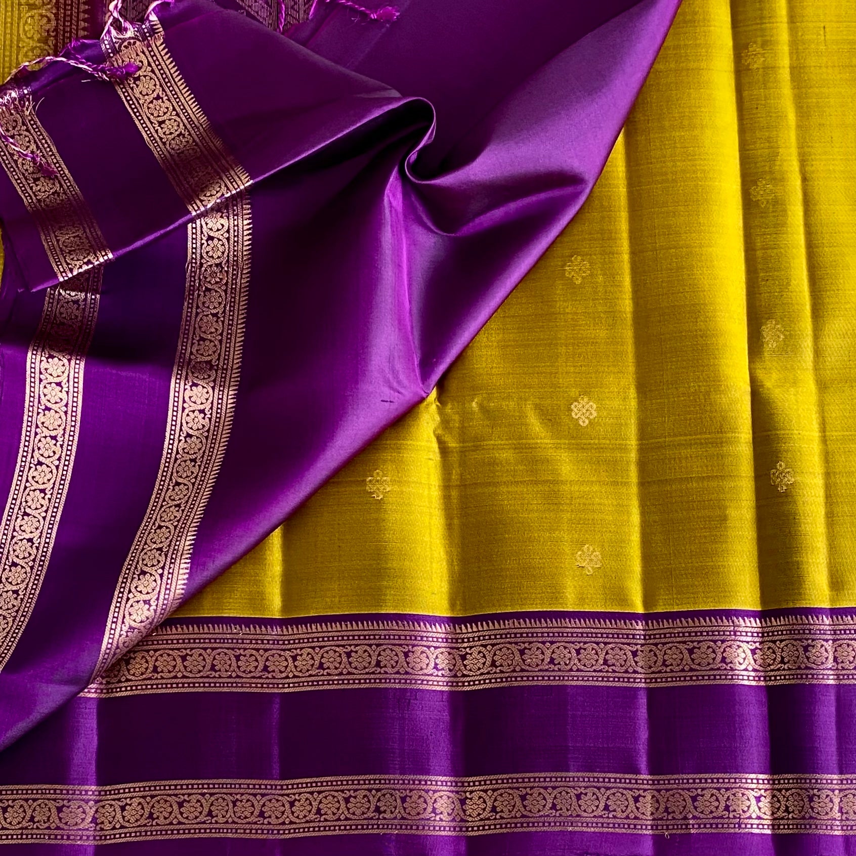 Lime Yellow With Purple And Rich Gold Kanchi Pure Silk Retta Petta Borders