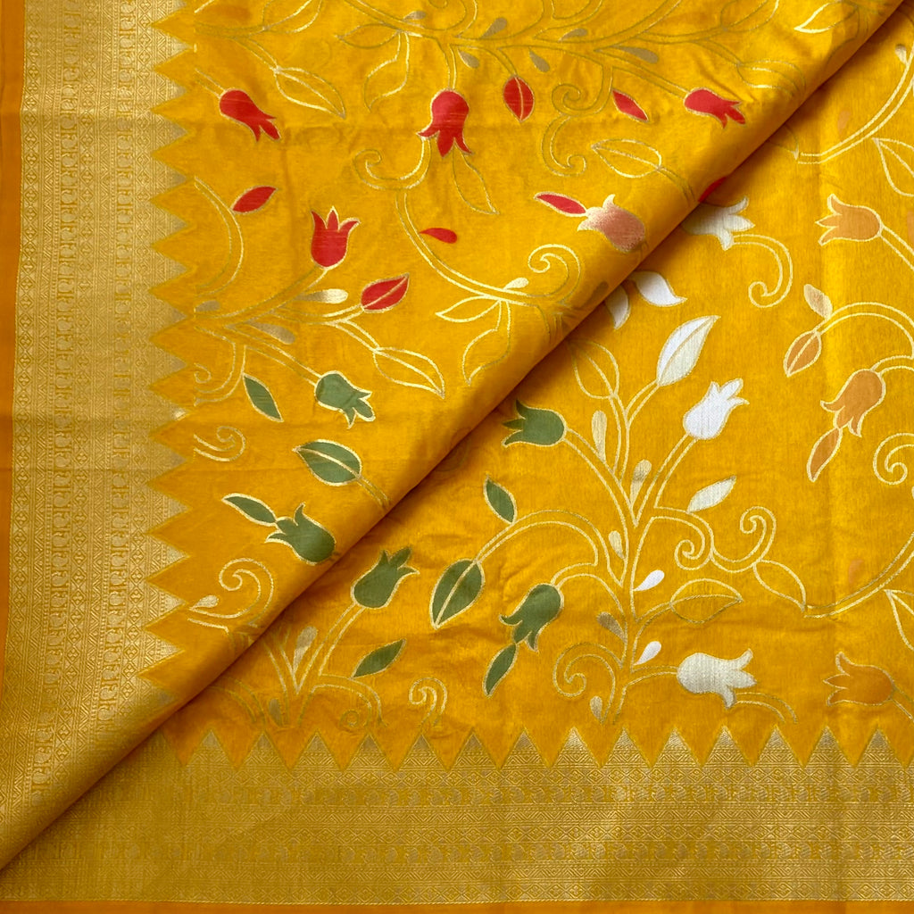 Mustard Yellow Silk Saree Gold Zari Floral Tassel Pallu Traditional