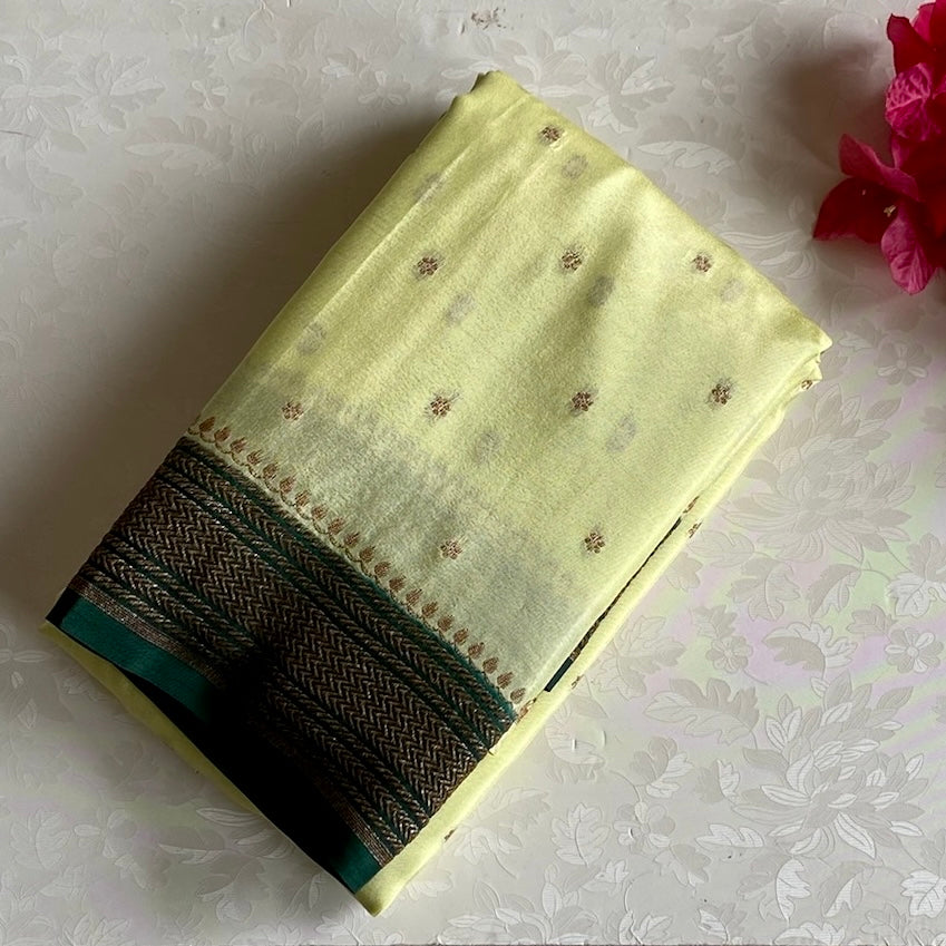 Pastel Lighest Green Banarasi Crepe Silk Saree Forest Green Border Pallu