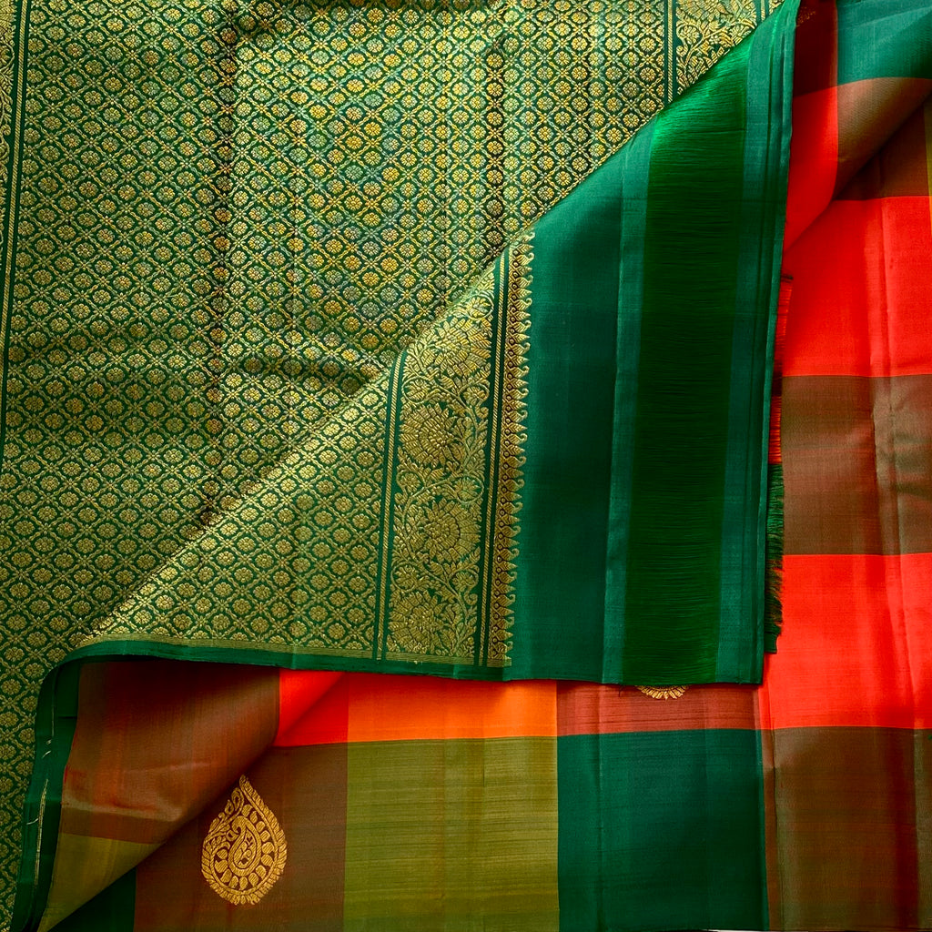 Checkered Kanjeevaram Pure Zari Silk Saree With Bottle Green Pallu