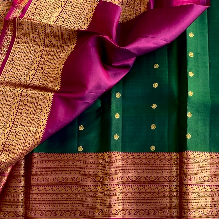 Bottle Green Designer Pure Silk Saree Rani Pink Pallu Gold Border