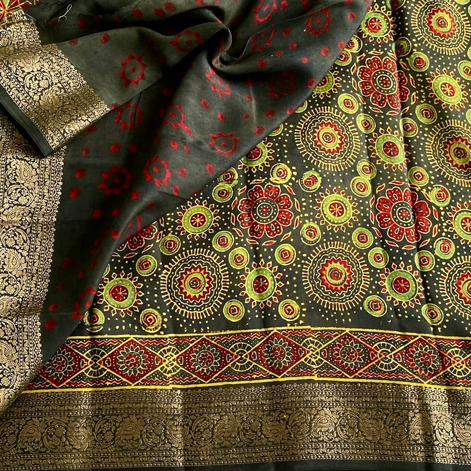 Ajrakh Handblock Printed Tussar Deep Forest Green With Maroon Red Panels