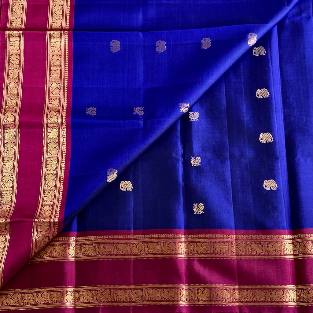 Royal Blue Designer Pure Silk Saree With Magenta Pallu And Gold Zari