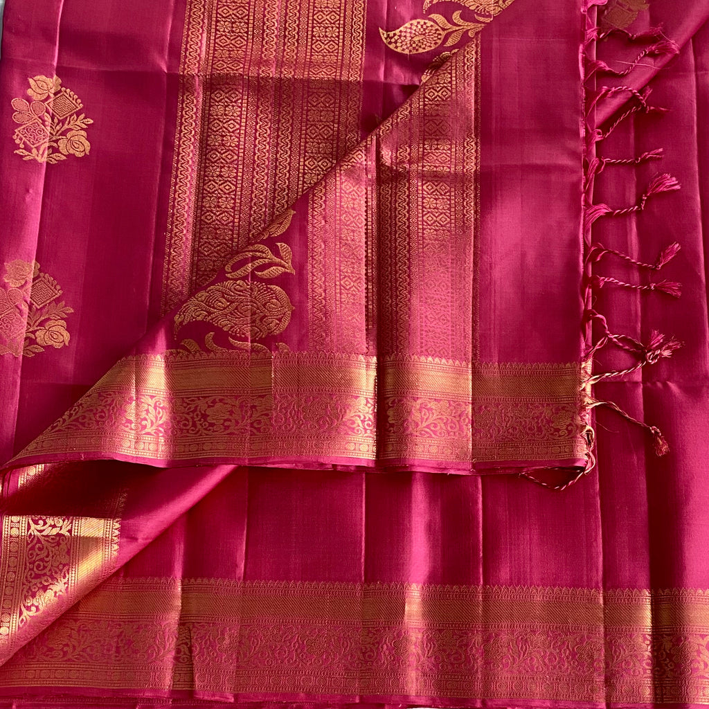 Designer Pure Silk Rani Pink Saree With Antique Gold Pallu And Border