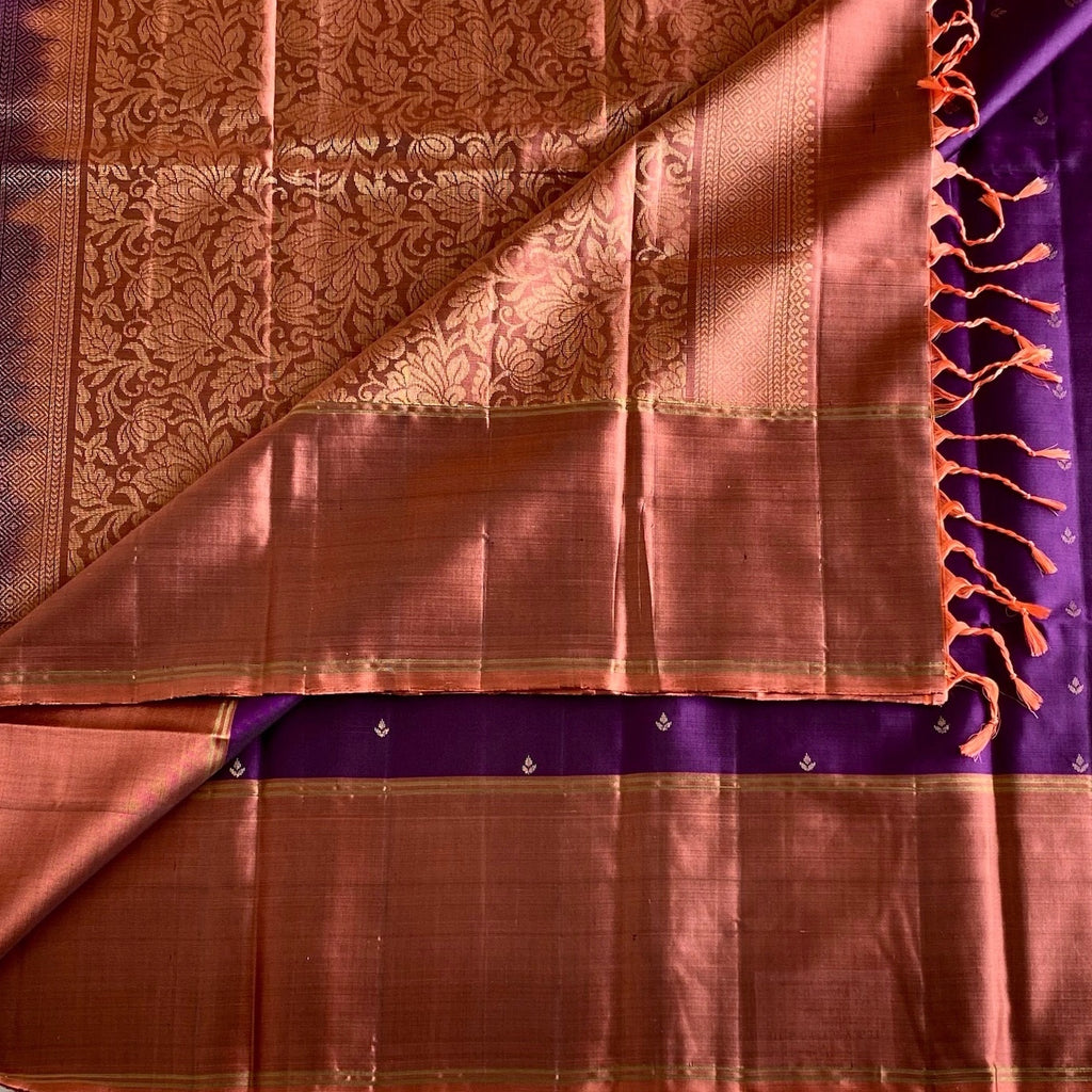 Burnt Orange Designer Pure Silk Saree With Deep Purple Pallu