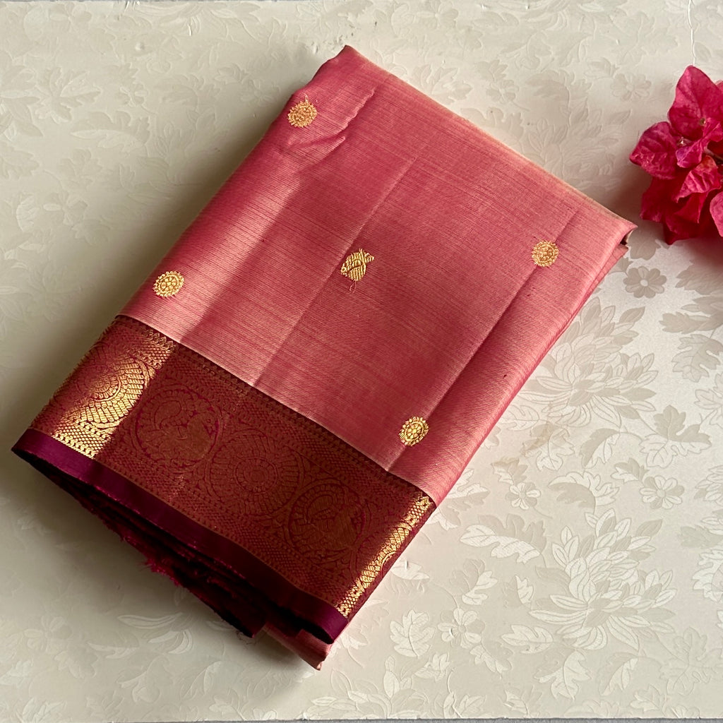 Peach Pink Saree with Deep Maroon Pallu and Gold Brocade