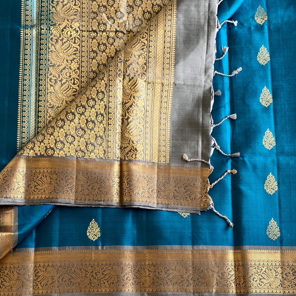 Rare Teal Blue Designer Pure Silk Saree With Silver Grey Pallu
