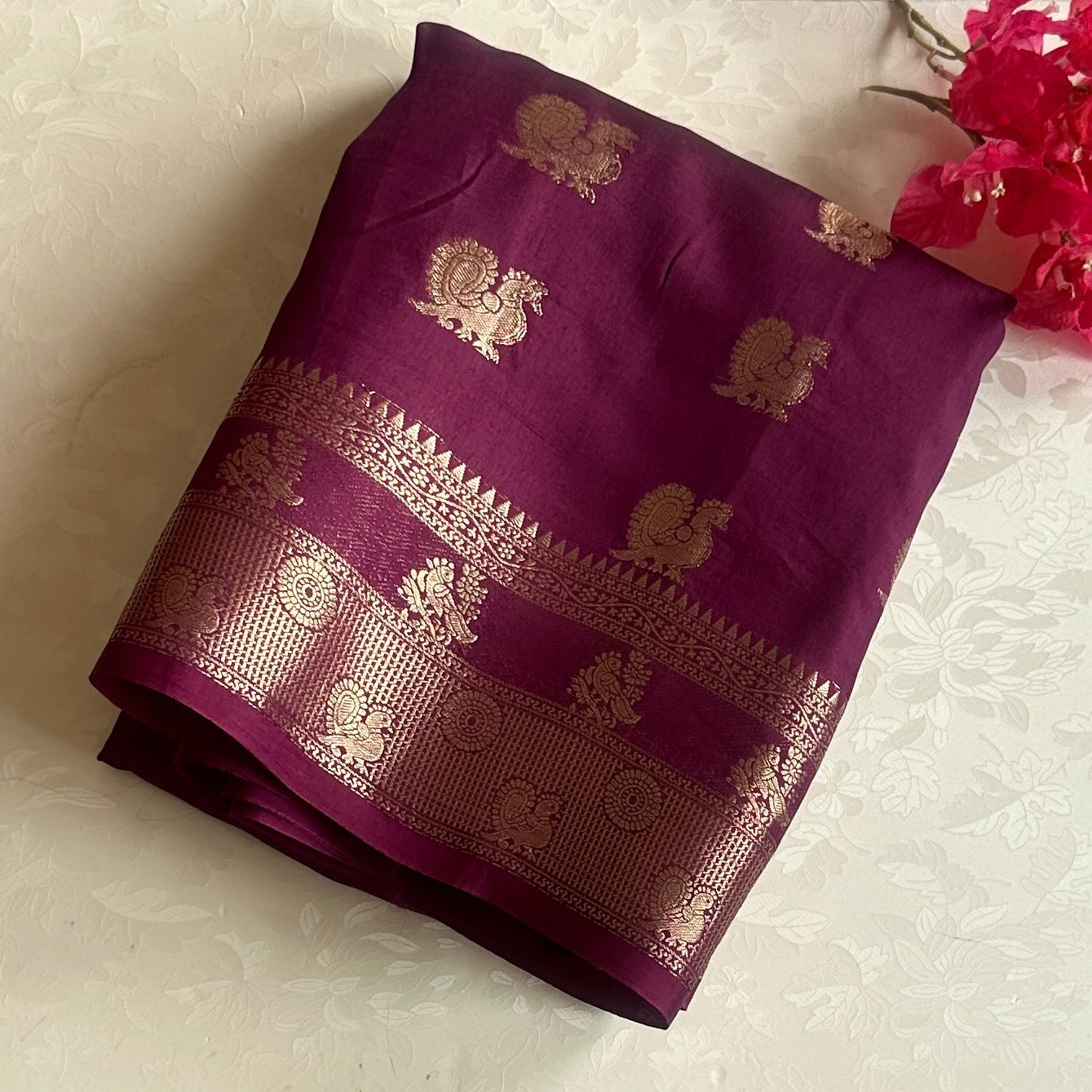 Deep Magenta Silk Saree Gold Brocade Peacock Zari Border Traditional