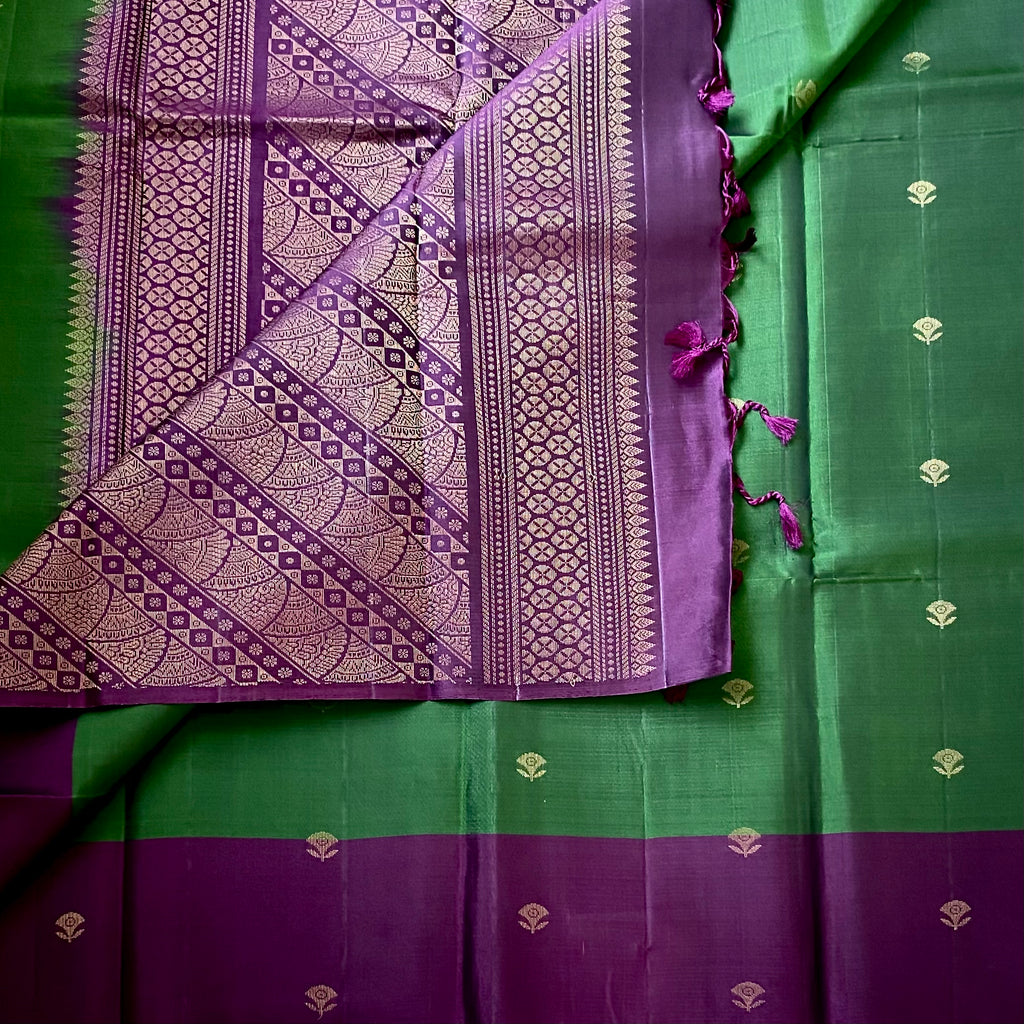 Emerald Green Purple Silk Saree Gold Brocade Floral Buttas Traditional