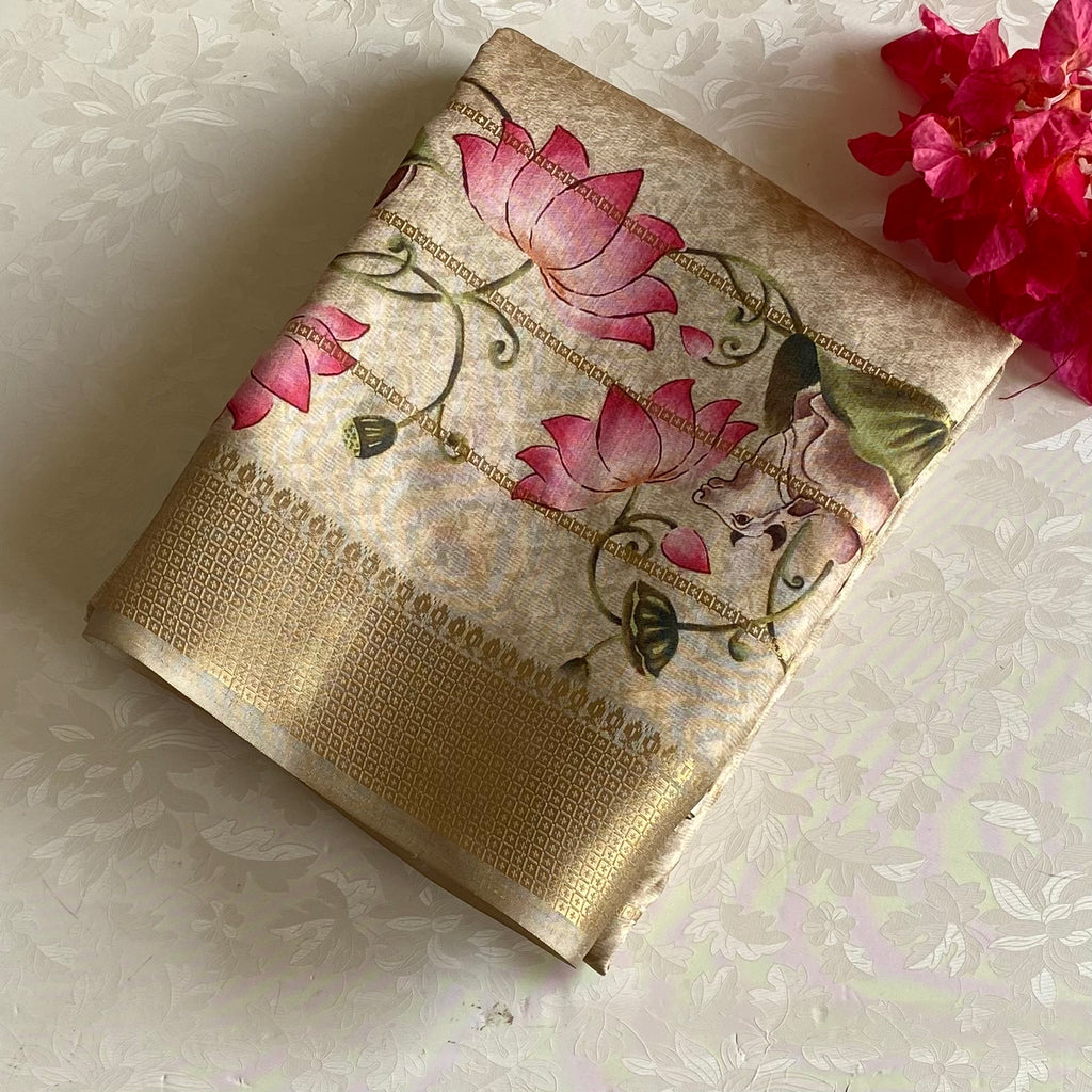 Champagne Beige Soft Tussar Silk Saree With Lotus Pink Pallu
