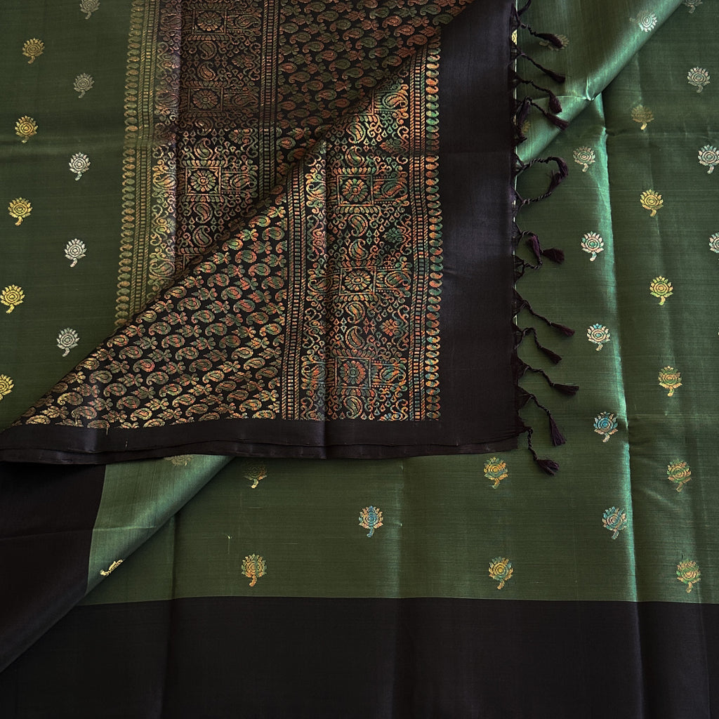Teal Green Silk Saree Indigo Brocade Pallu Gold Zari Buta