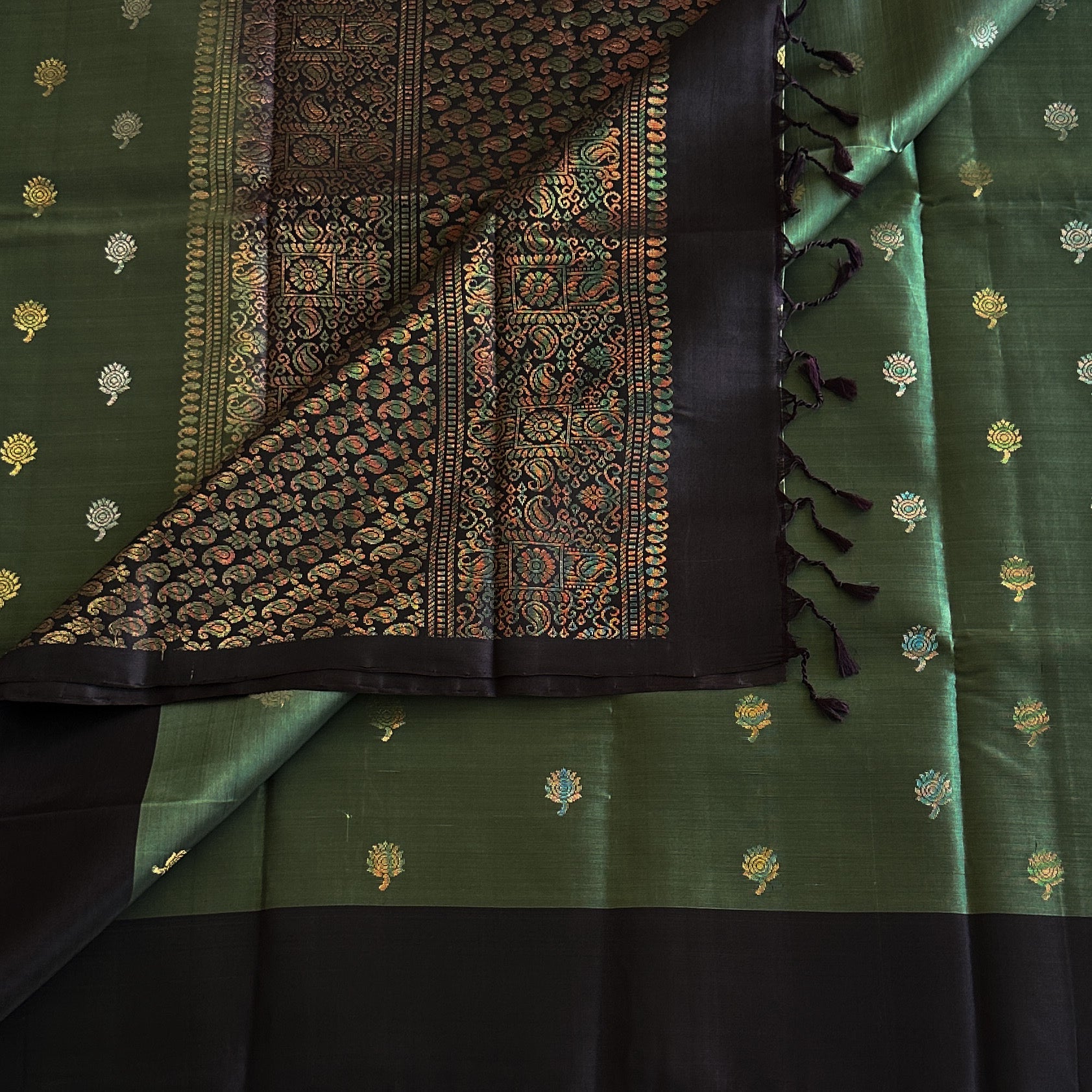 Teal Green Silk Saree Indigo Brocade Pallu Gold Zari Buta