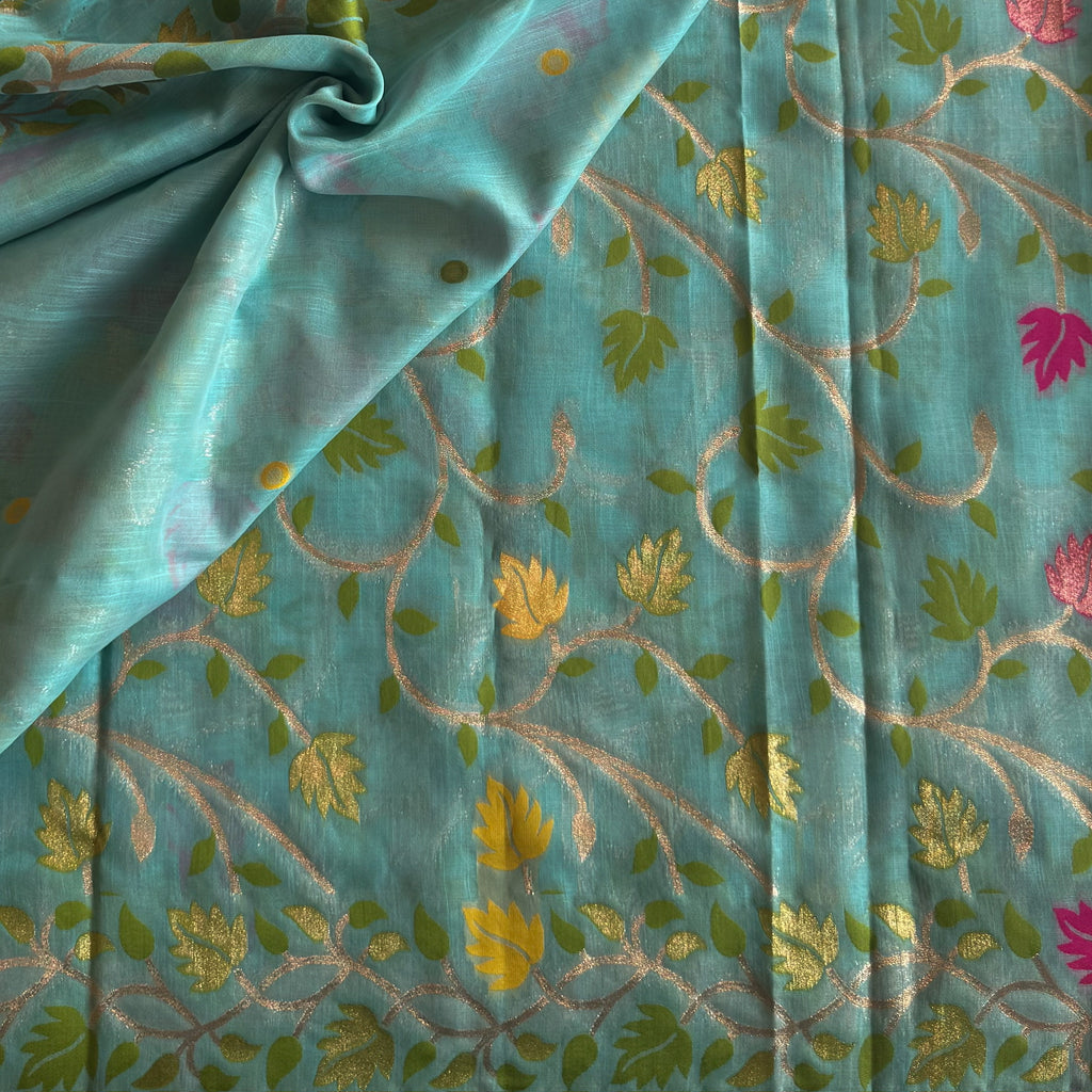 Turquoise Floral Zari Saree with Tassel Pallu Festive Wear