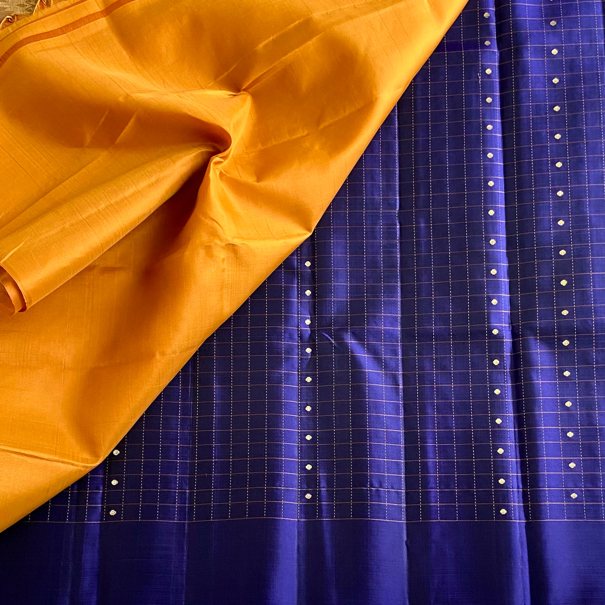 Deep Navy Blue And Mustard Gold Designer Pure Silk Saree
