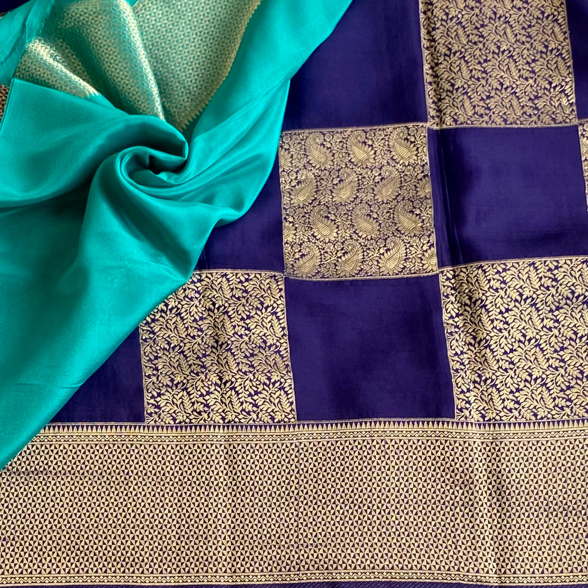 Midnight Navy Soft Crepe Silk Saree With Antique Gold Brocade Checks