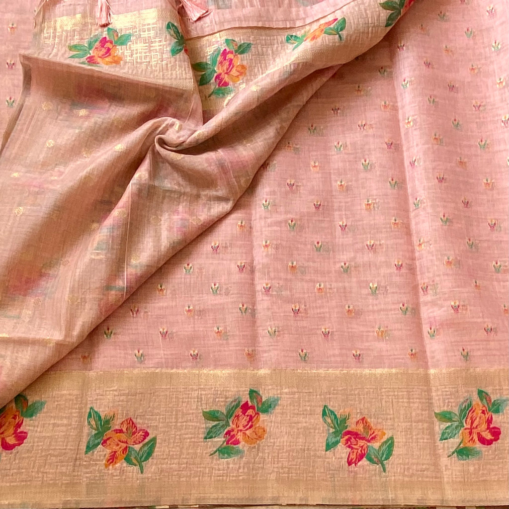 Peach Pink Floral Saree With Gold Brocade Border Tassel Pallu
