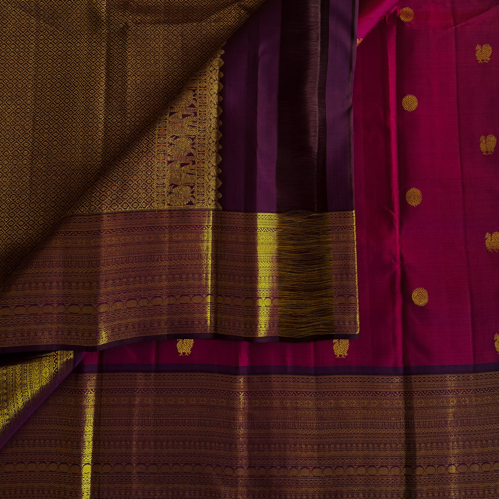 Elegant Magenta Gold Zari Butta Saree with Broad Purple Border