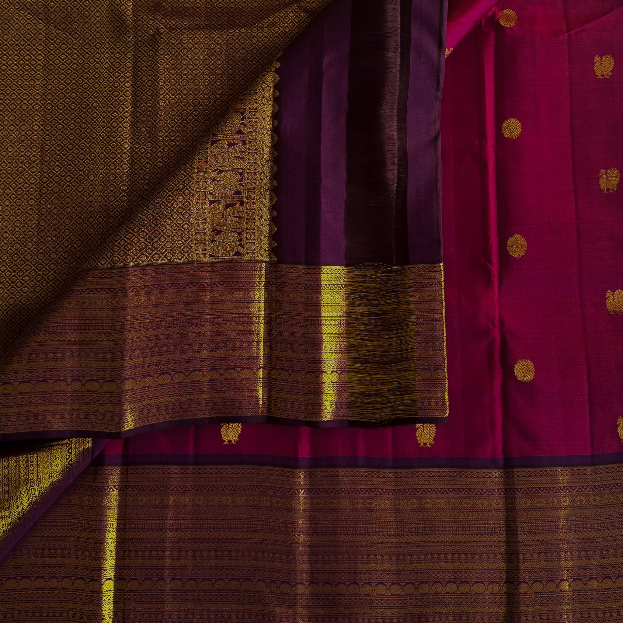 Elegant Magenta Gold Zari Butta Saree with Broad Purple Border