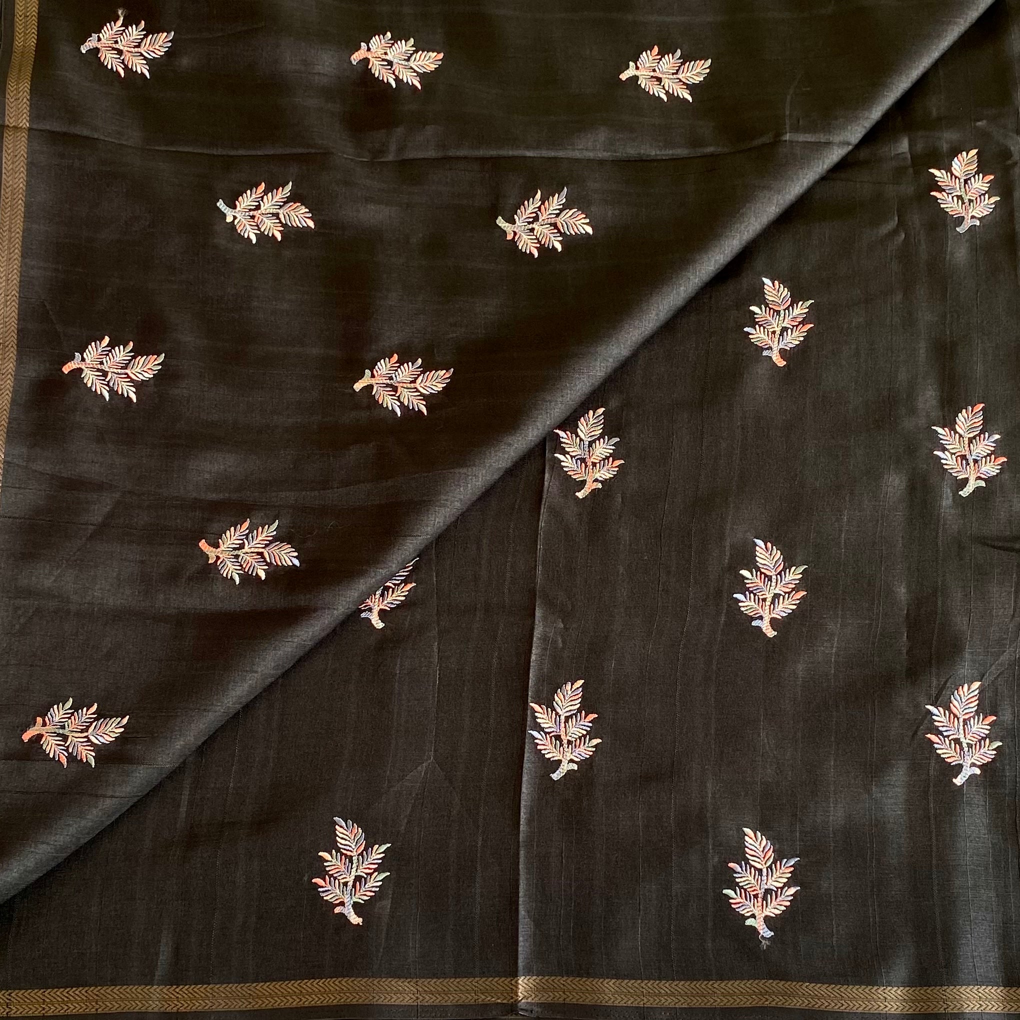 Jet Black Soft Tussar Silk Saree With Dusty Pink Buti