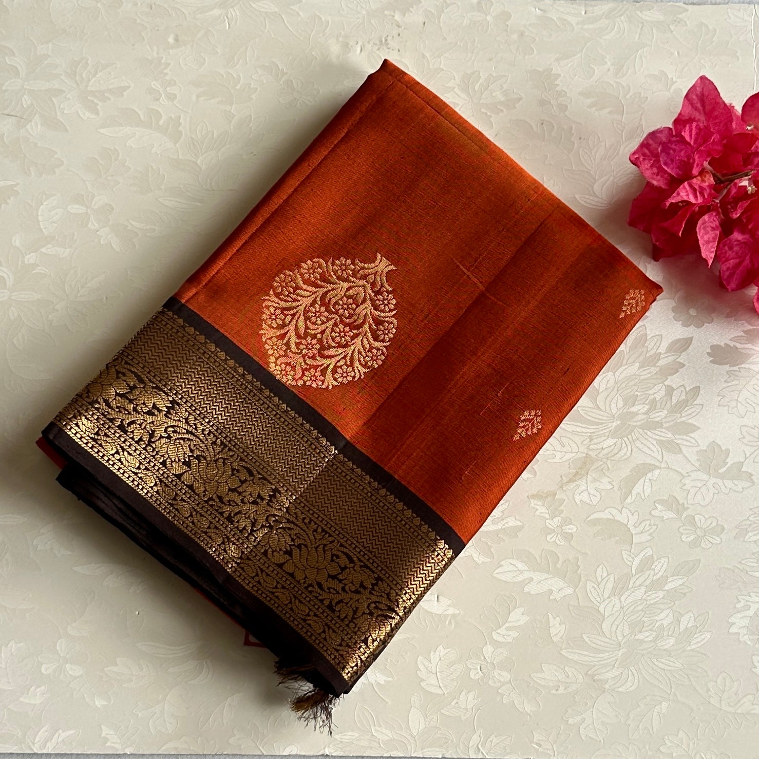 Burnt Orange Saree with Gold Zari Border and Brown Pallu
