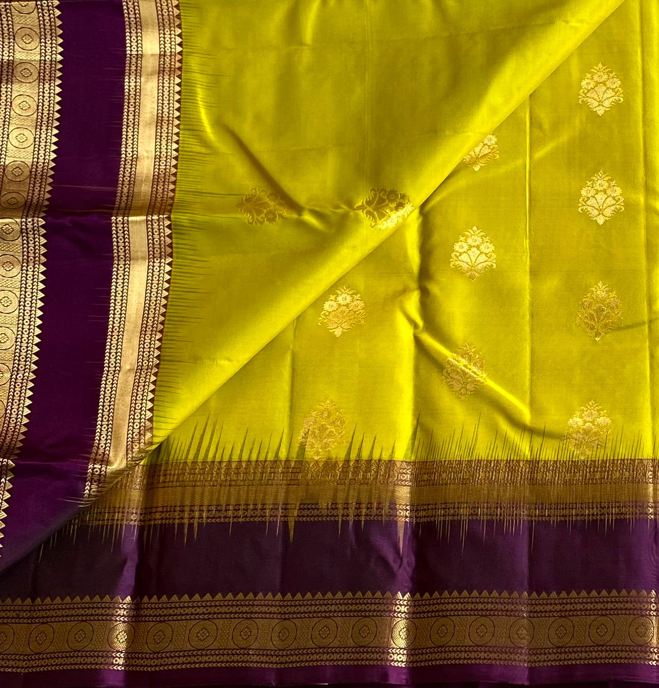 Lime Yellow Silk Saree Plum Purple Gold Woven Border Elegant