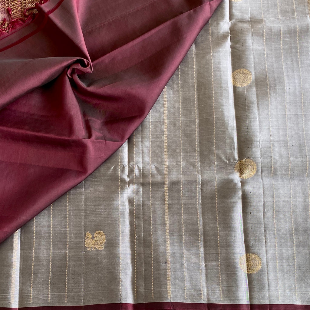 Silver Grey Designer Pure Silk Saree With Wine Maroon Pallu And Zari