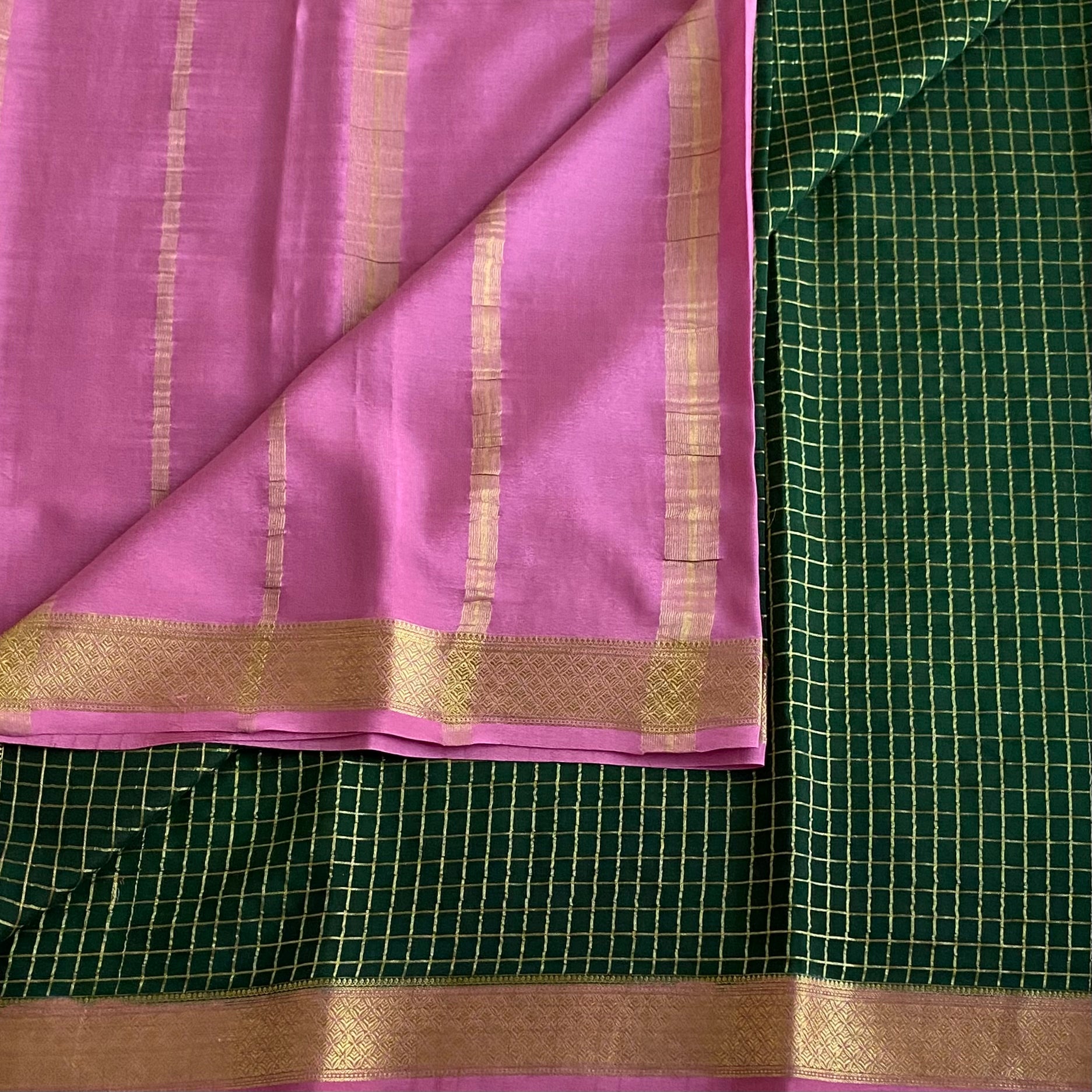 Bottle Green And Rani Pink Checkered Mysore Crepe Silk
