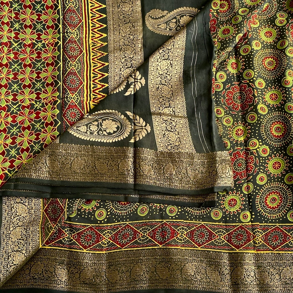 Ajrakh Handblock Printed Tussar Deep Forest Green With Maroon Red Panels
