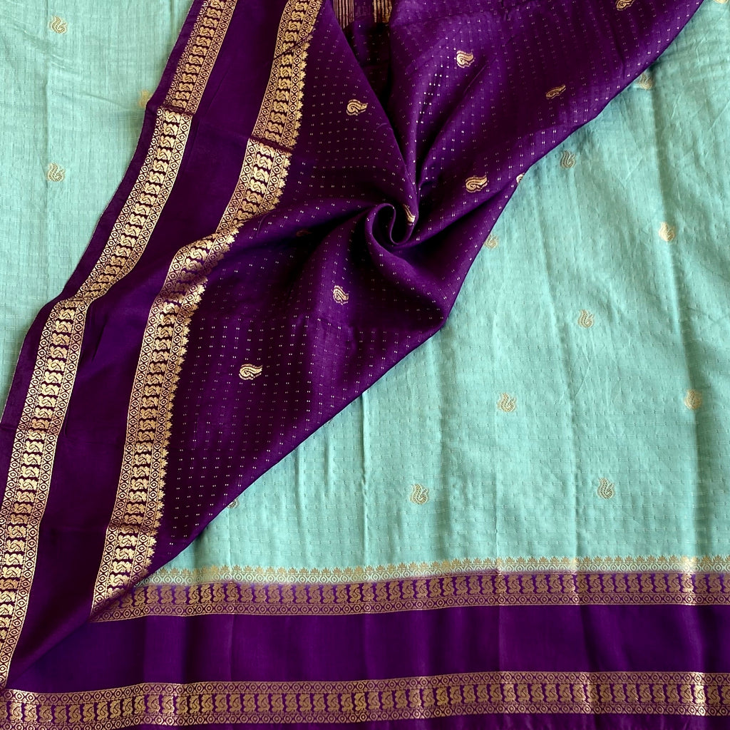 Sea Blue Soft Tussar Silk Saree With Royal Purple Pallu