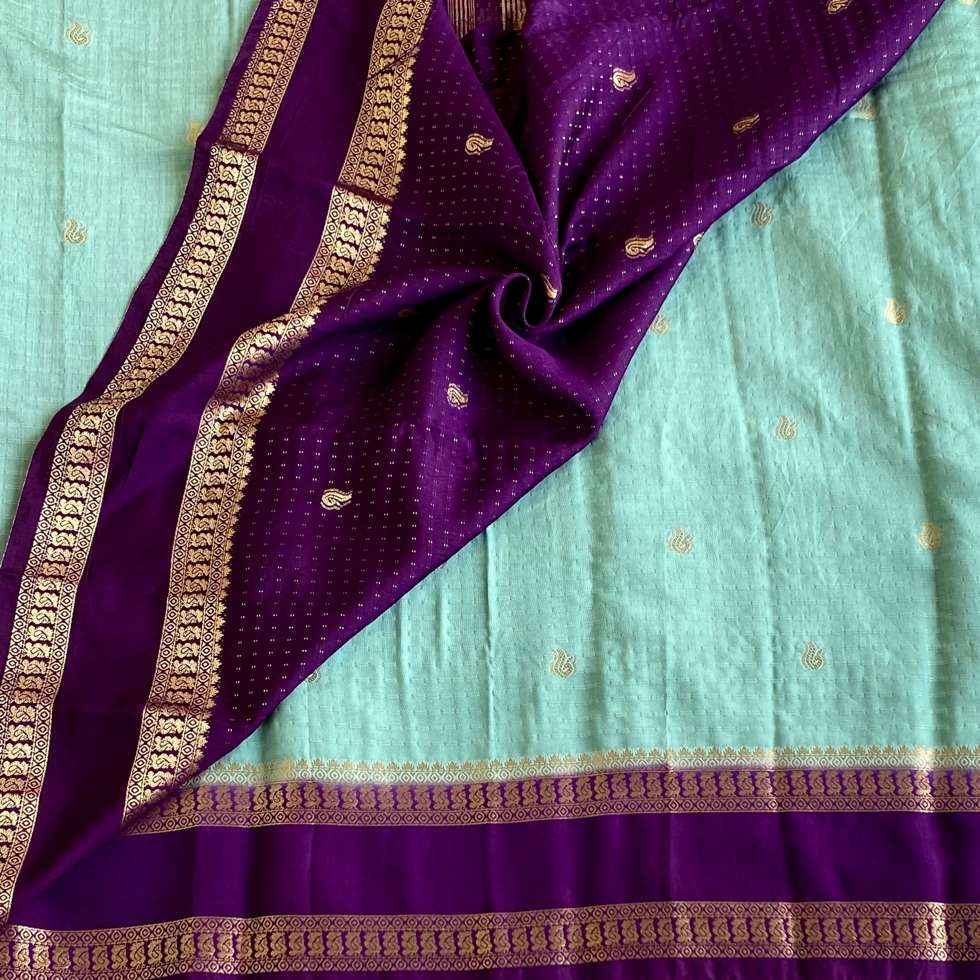 Sea Blue Soft Tussar Silk Saree With Royal Purple Pallu