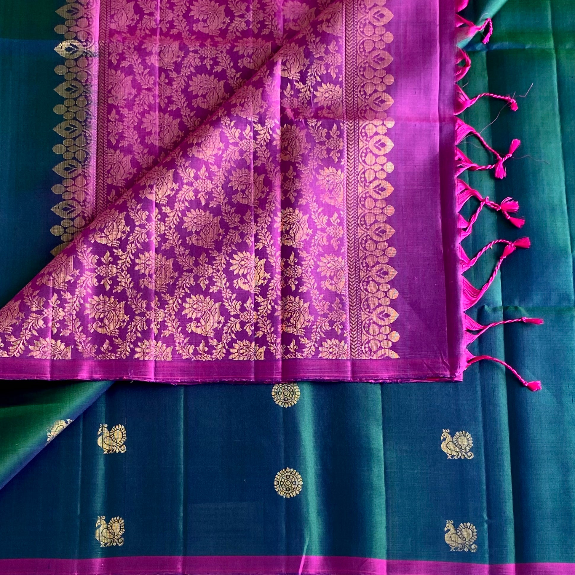 Peacock Blue Designer Pure Silk Saree With Rani Pink Pallu