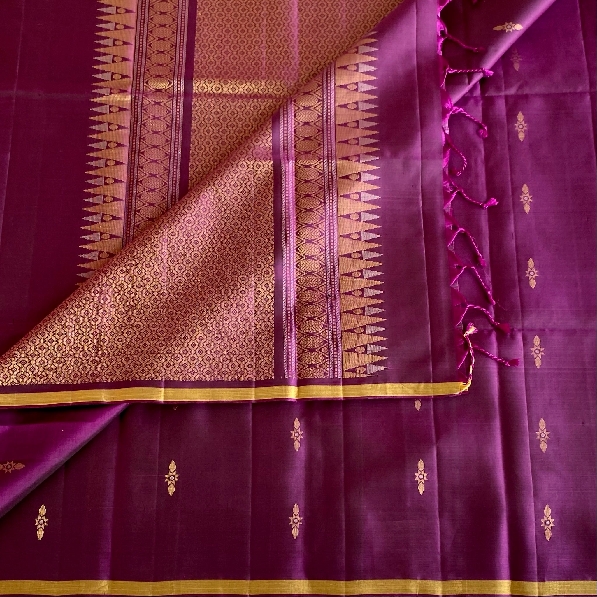 Deep Purple Designer Pure Silk Saree With Antique Gold Pallu
