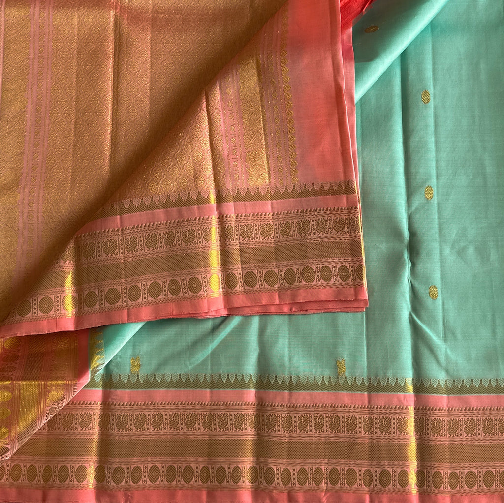 Dreamy pastel Sea blue with rose pink designer Kanjeevaram silk