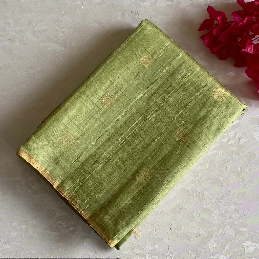 Pistachio Green And Rani Pink Designer Pure Raw Silk Saree