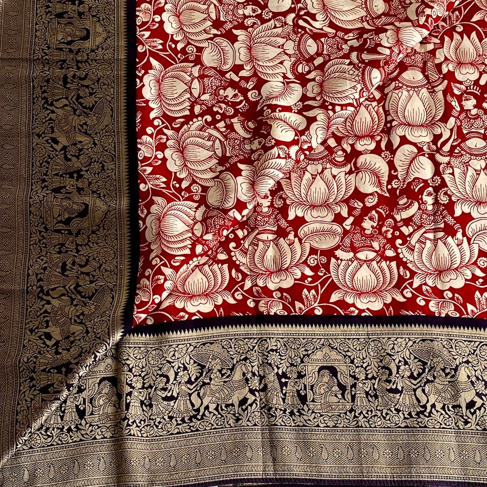 Scarlet Red  Soft Tussar Silk With midnight Blue borders