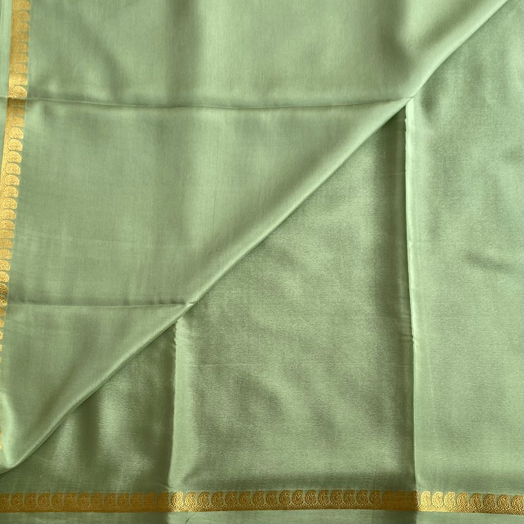 Sage Green Mysore Crepe Silk Saree With Metallic Gold Stripes