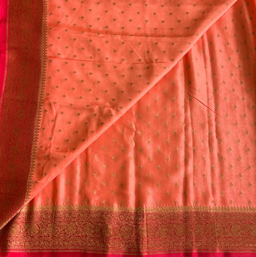 Magenta Silk Brocade Saree Gold Paisley Peach Buti Wedding Traditional